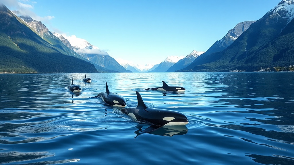 Four orcas swimming in the clear waters of Alaska's Inside Passage with mountains in the background.