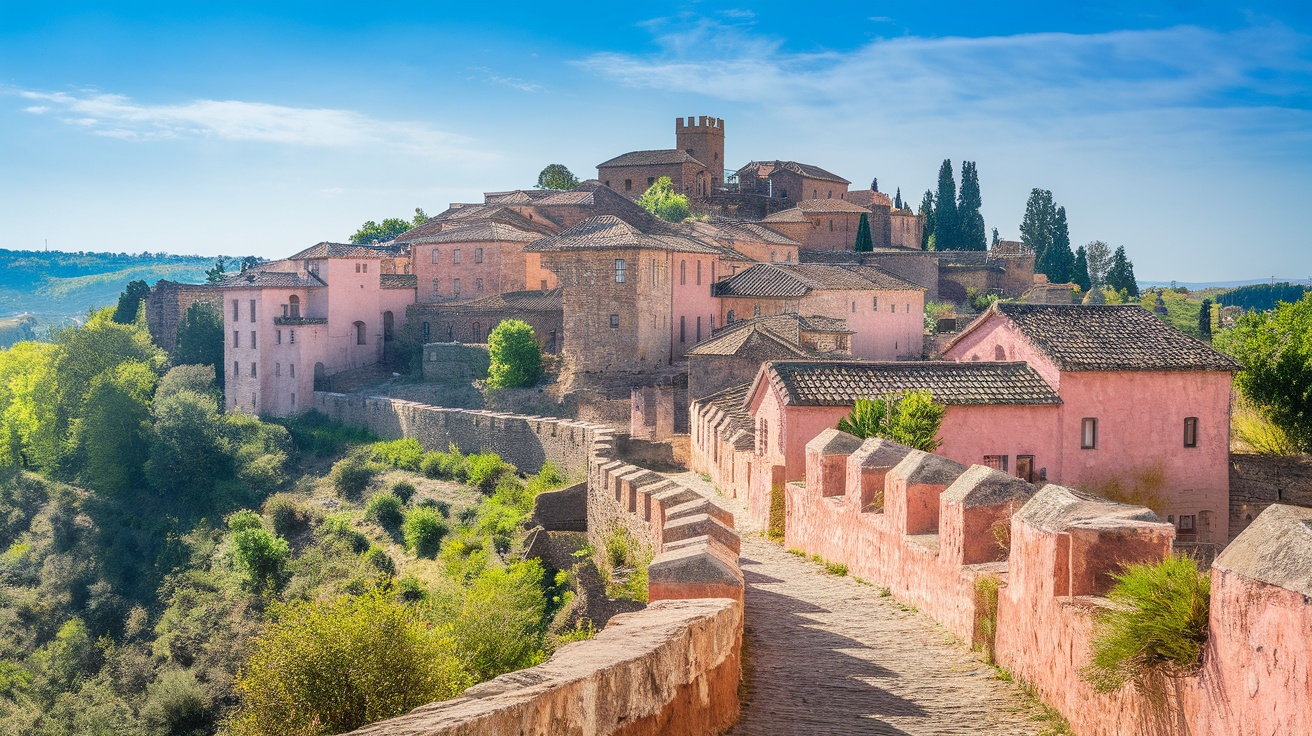 A picturesque view of the village of Albarracín, Spain, showcasing pink buildings and ancient walls.