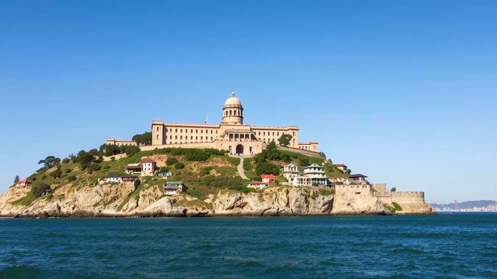 A scenic view of Alcatraz Island with its historic buildings and surrounding water.