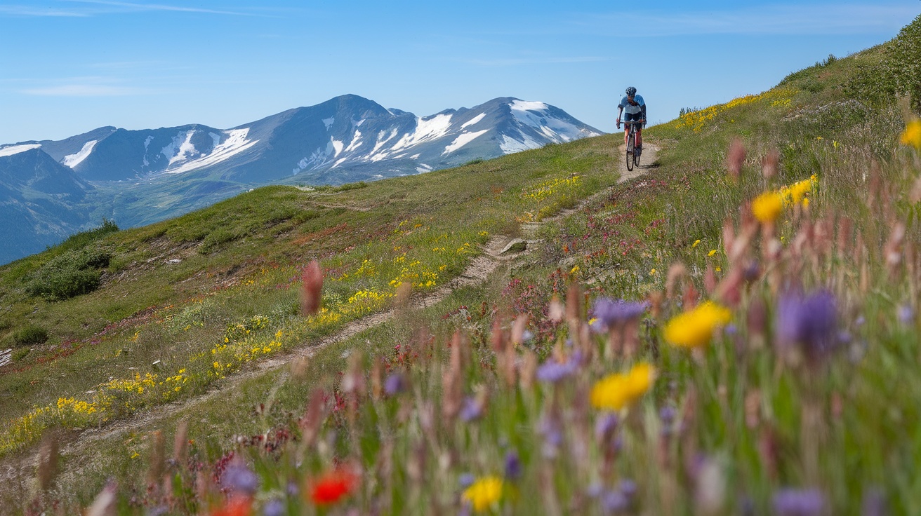 A biker riding through a colorful alpine meadow with mountains in the background.