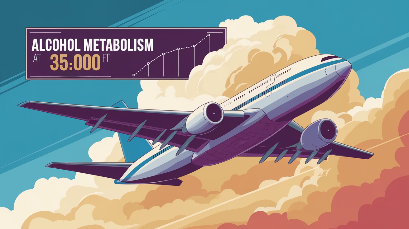 An illustration depicting an airplane flying at high altitude with a focus on alcohol metabolism at 35,000 feet.