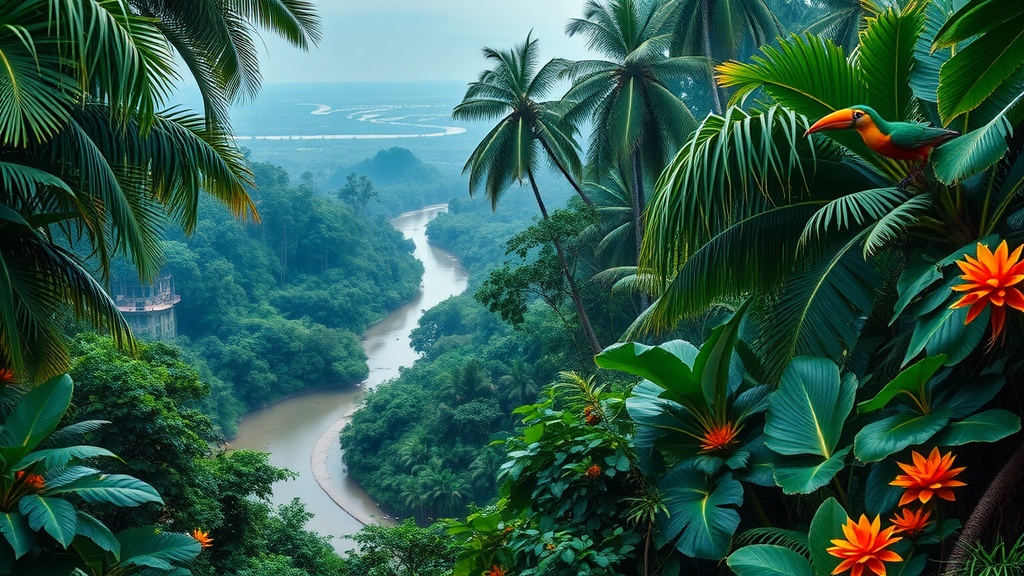 Lush Amazon Rainforest with colorful birds and vibrant plants near a river