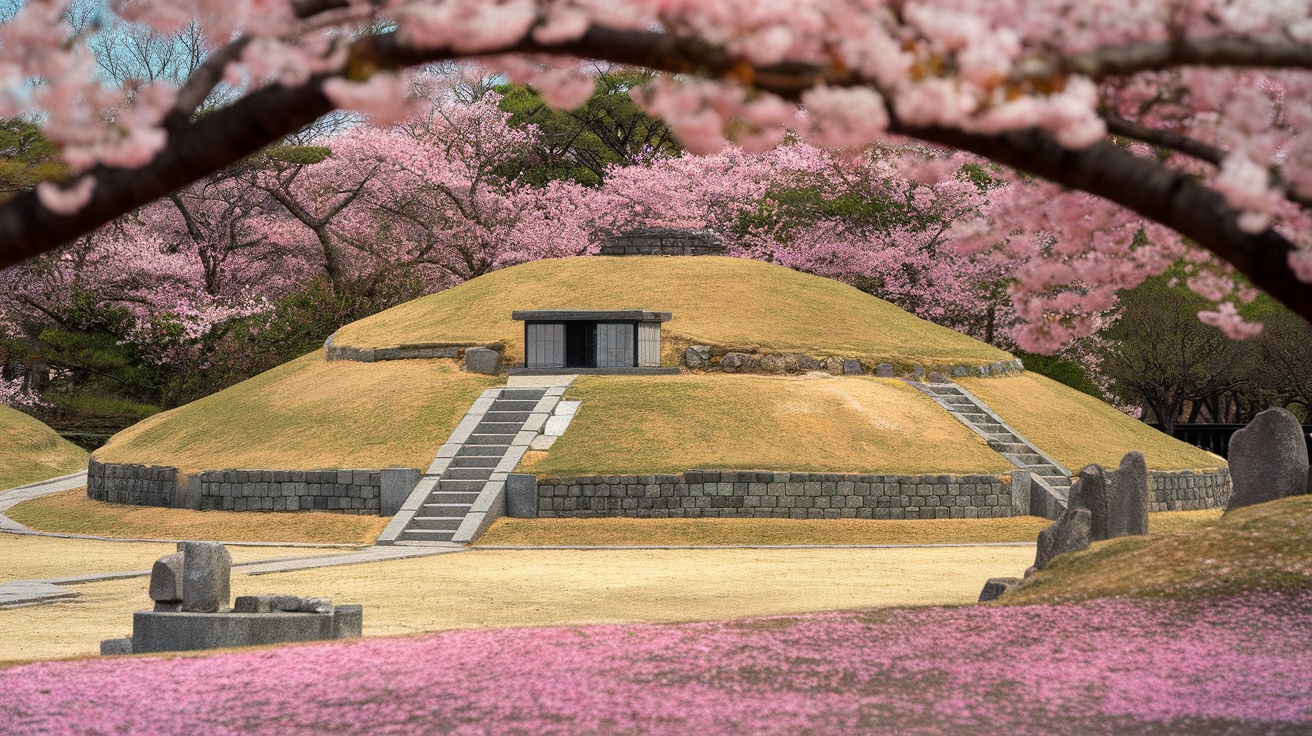 Ancient tombs in Gyeongju surrounded by cherry blossoms.