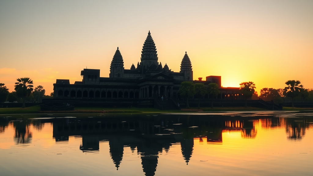 Silhouette of Angkor Wat at sunrise with reflection in the water.