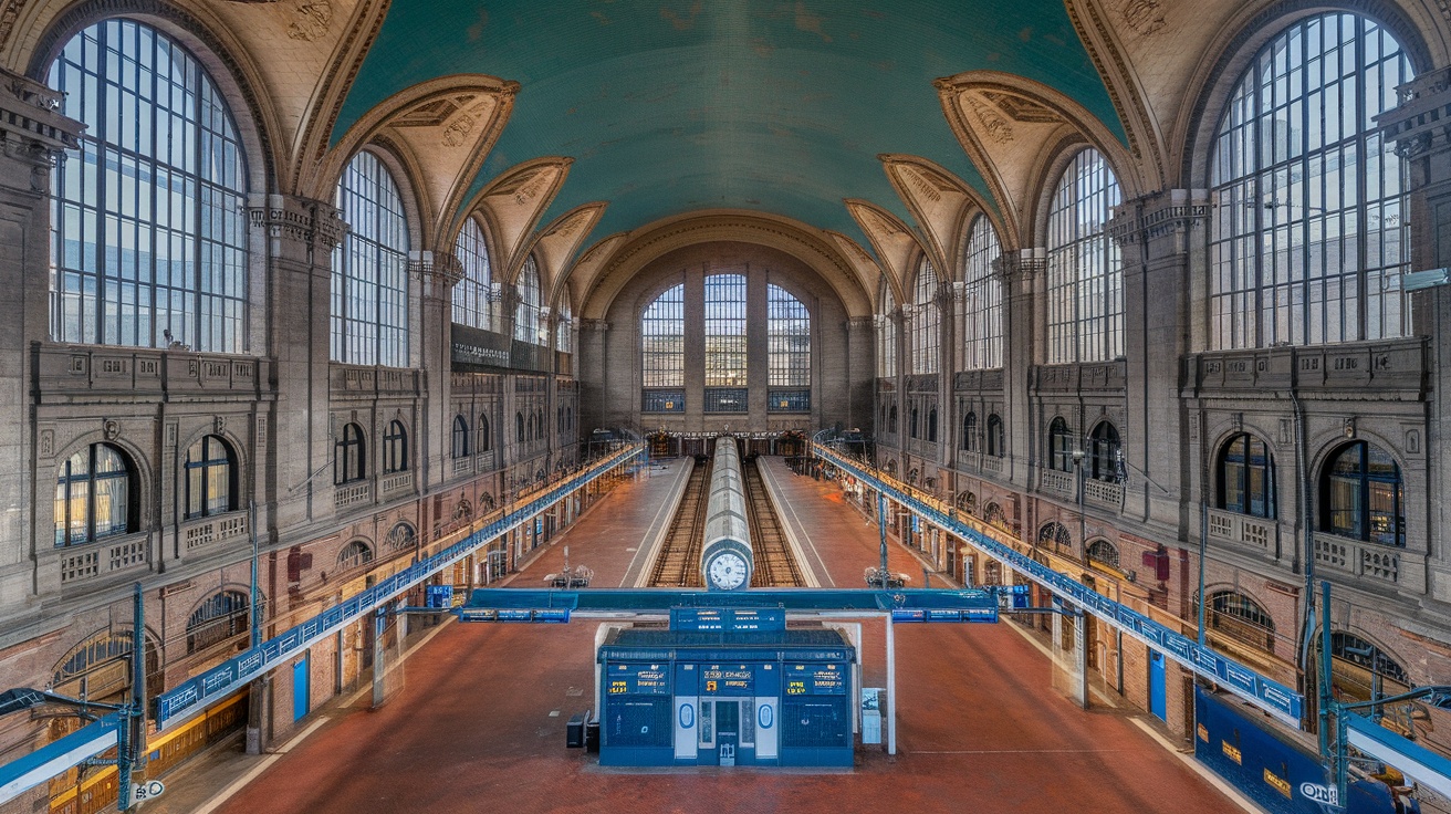 Interior view of Antwerp Central Station showcasing high ceilings and elegant architecture.