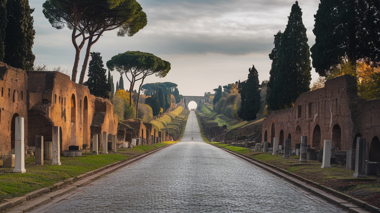 Scenic view of the Appian Way with ancient ruins and tall trees lining the road.