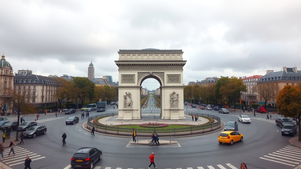 View of the Arc de Triomphe with cars and pedestrians in the surrounding area