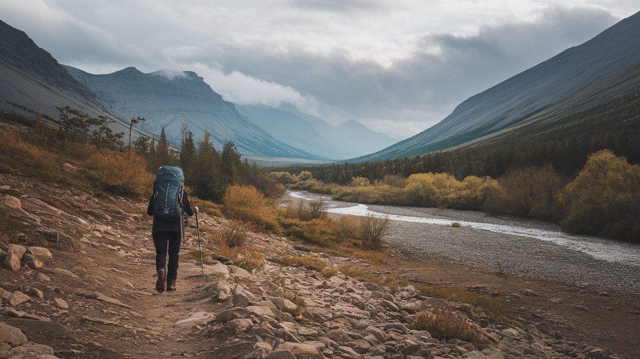 A person hiking with a backpack in a mountainous landscape.