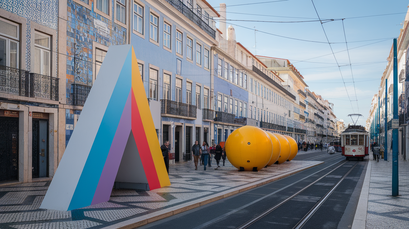 Colorful art installations on the streets of Lisbon, Portugal.