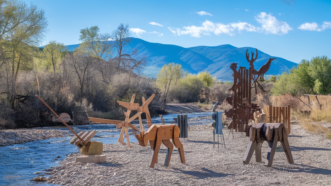 Sculptures along the river in Taos, New Mexico, with mountains in the background.