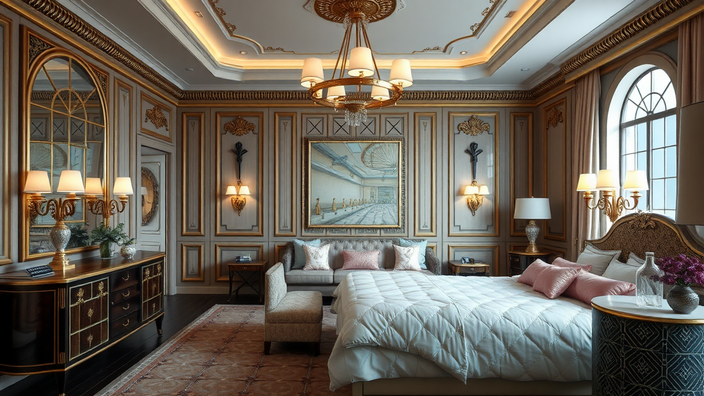 Stylish bedroom with Art Deco design featuring gold accents and elegant furnishings.