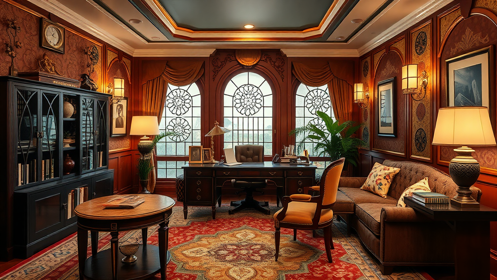 A home office featuring Art Deco design elements, with rich colors, elegant furniture, and large windows.