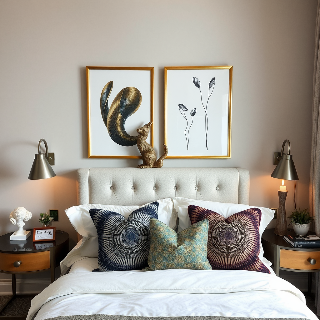 A stylish bedroom featuring artful decor accents, including framed artwork, decorative pillows, and elegant lighting.