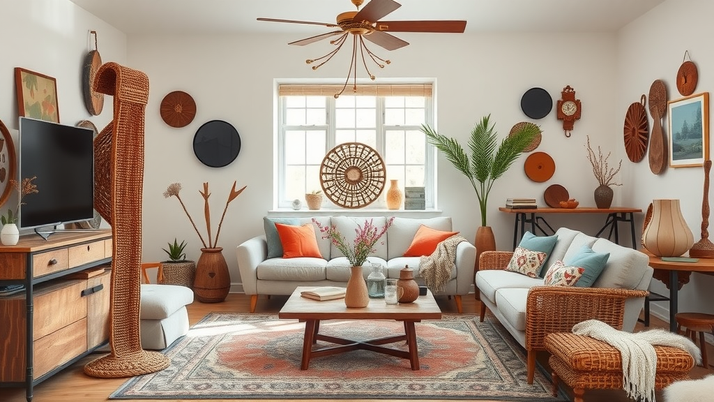 A cozy living room featuring handmade crafts and artisan-style decor.