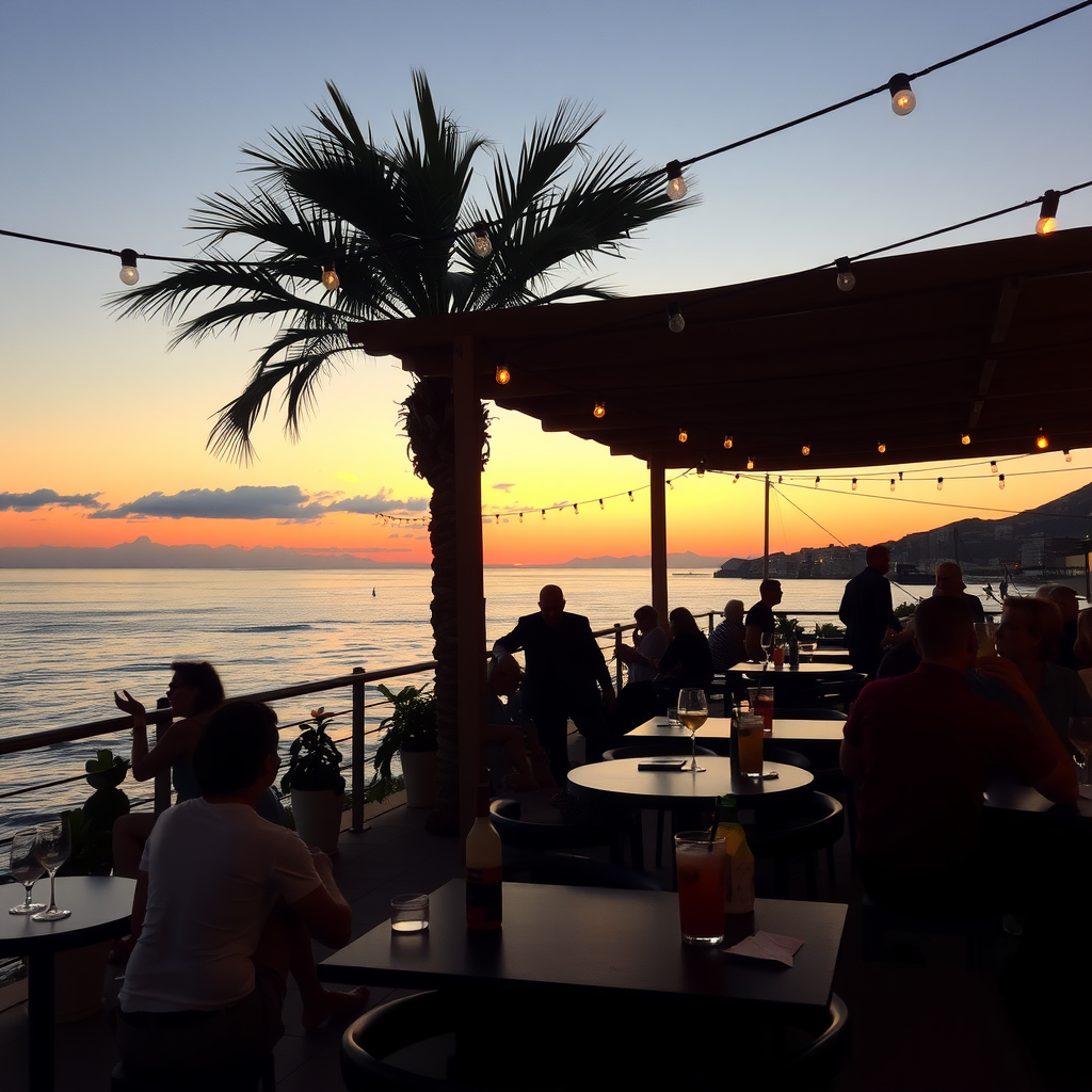 A sunset view from Café del Mar in Ibiza, with people relaxing at tables and palm trees in the foreground.