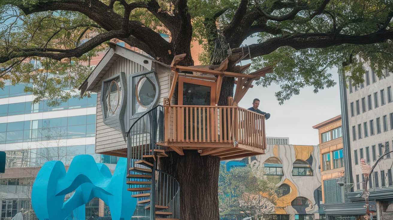 Artistic treehouse built around a tree with a spiral staircase and balcony in an urban setting.