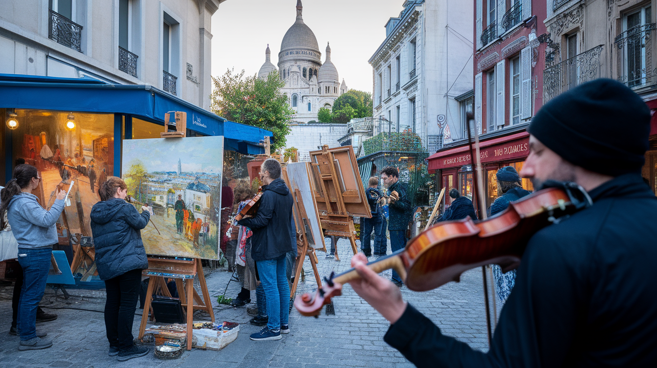 Artists painting in Montmartre with Sacré-Cœur in the background