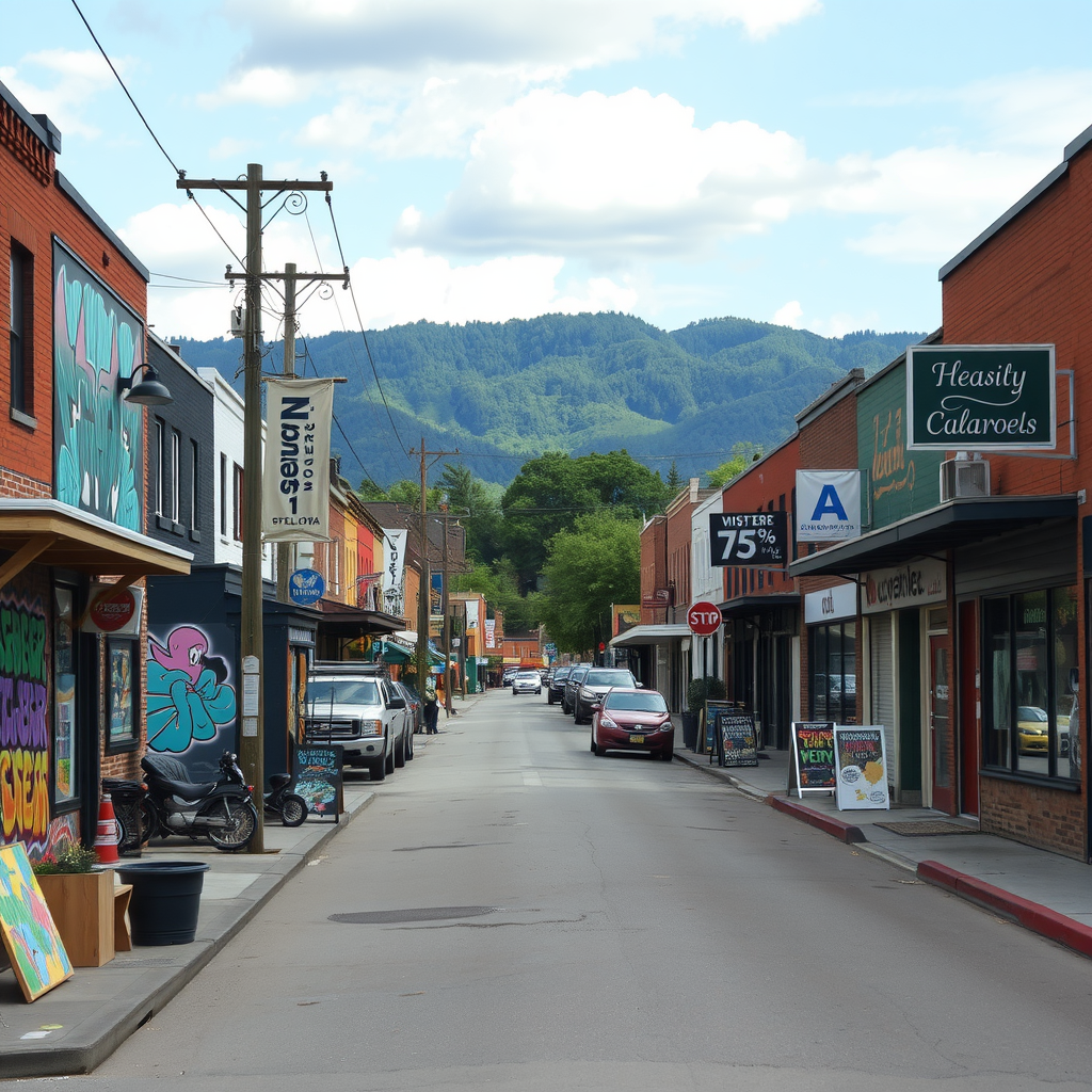 A vibrant street in Asheville, North Carolina, with colorful buildings and mountains in the background.