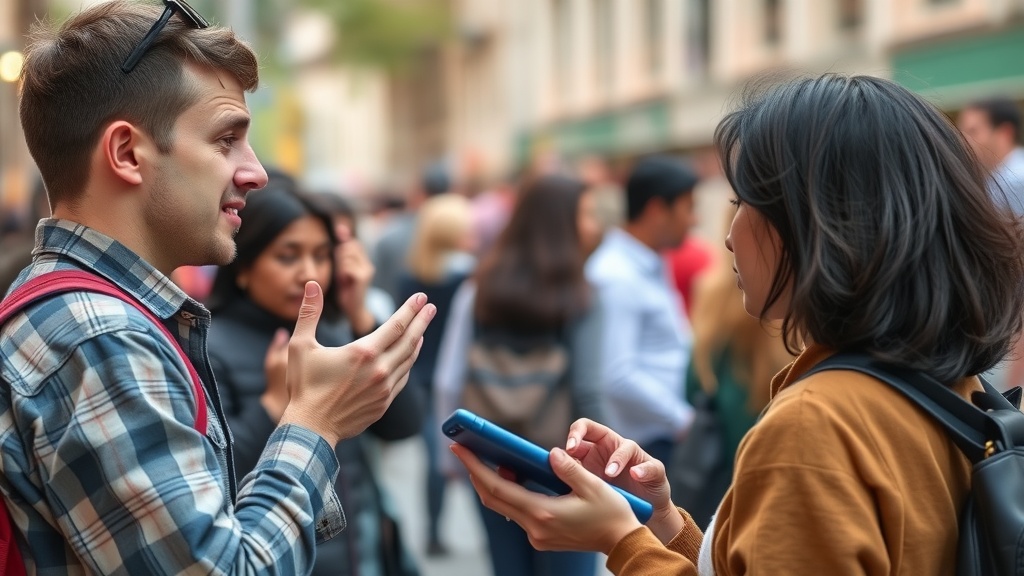 A woman using her phone while talking to a man outdoors, surrounded by a crowd.