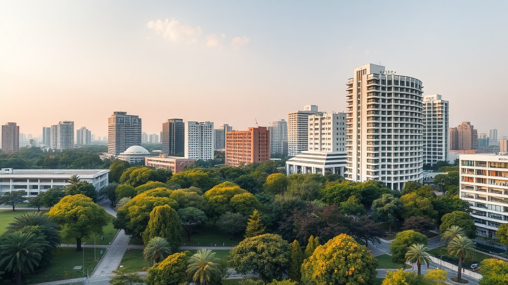 A panoramic view of Asunción, Paraguay showcasing modern buildings surrounded by lush green trees.