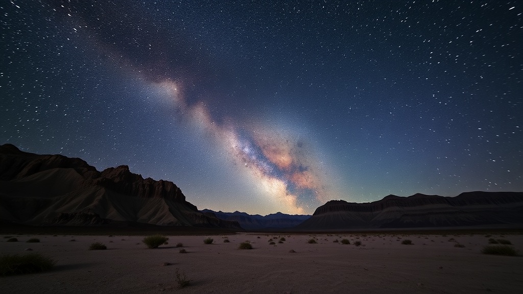 A stunning view of the Milky Way over the Atacama Desert, highlighting the clear night sky and rugged landscape.