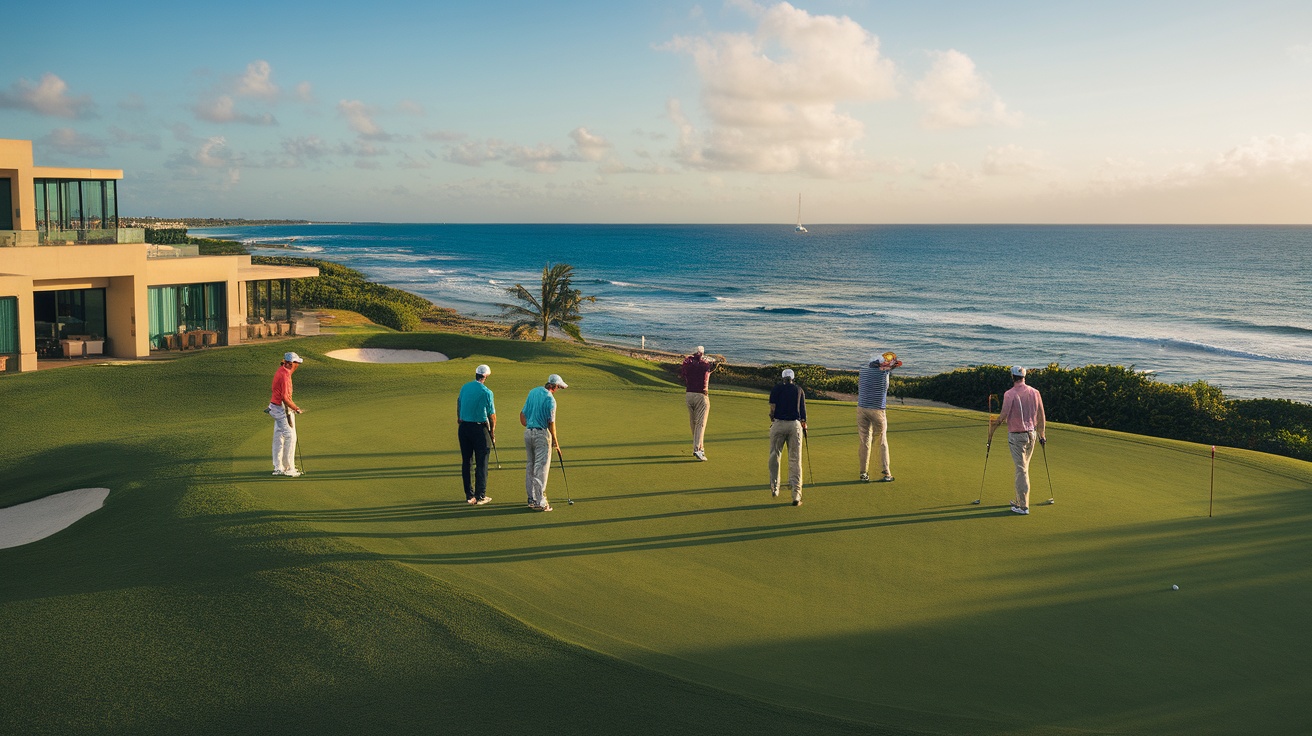 Golfers on a green overlooking the ocean at Atelier Playa Mujeres