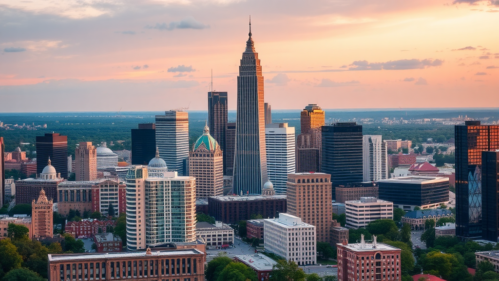 A street view in Atlanta showing tall buildings and a vibrant atmosphere.