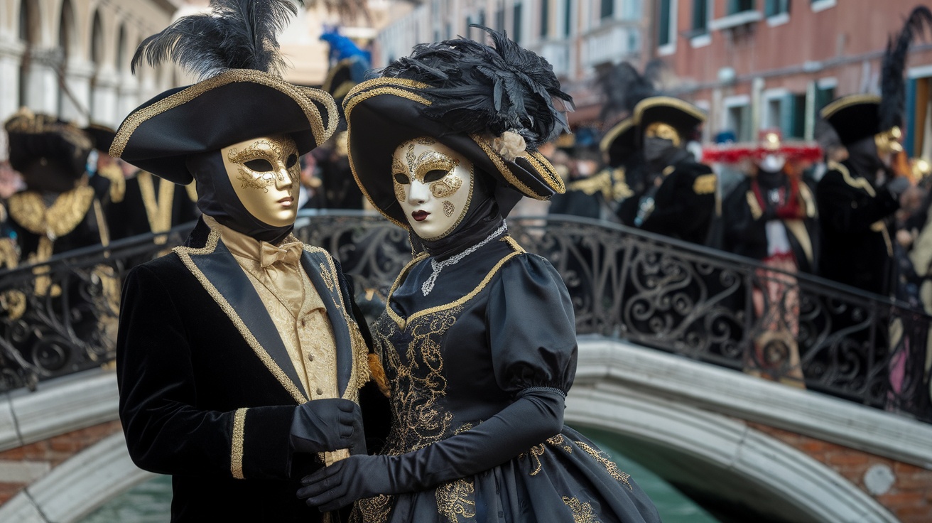 A couple in elegant costumes and masks at the Venice Carnival, surrounded by other revelers on a bridge.