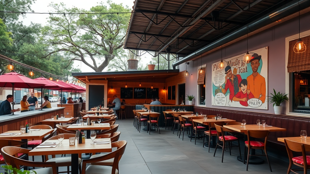 An outdoor dining area in Austin with wooden tables, red chairs, and a vibrant mural on the wall.