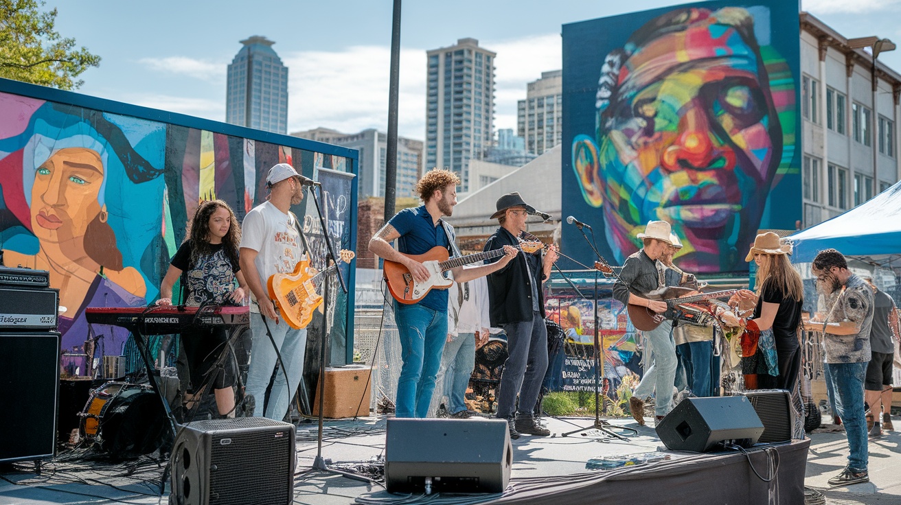 A lively outdoor music performance in Austin with colorful murals in the background.