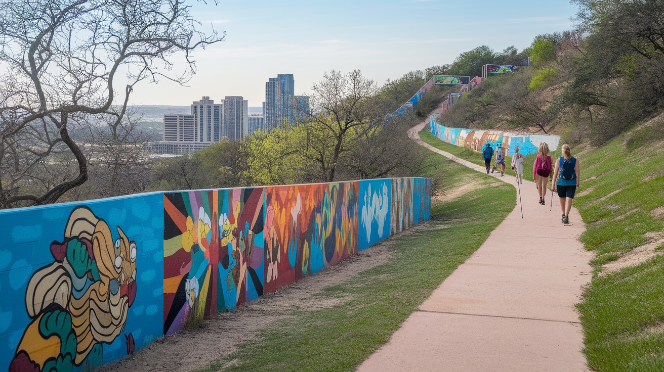 A scenic urban trail in Austin with colorful murals and hikers enjoying the path.