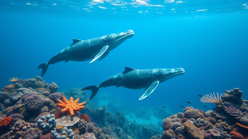 Two whales swimming near colorful coral formations in the Great Barrier Reef.