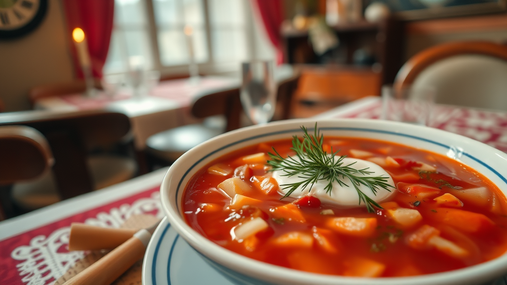 A bowl of borscht with a dollop of sour cream and fresh dill, set on a table with a cozy atmosphere.