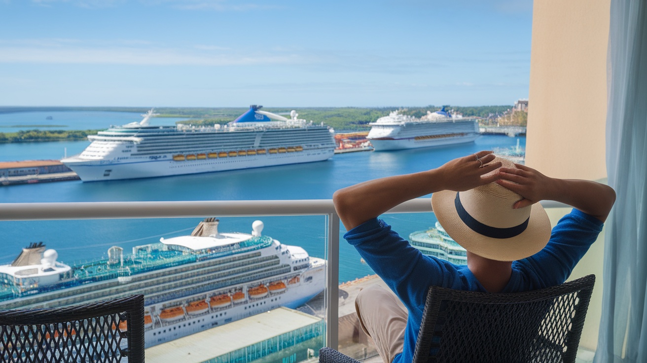 Person relaxing on a balcony with a view of cruise ships in the harbor