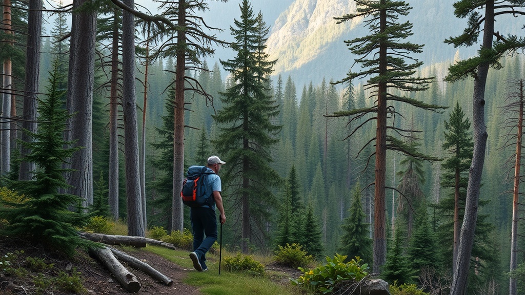 A hiker walking along a forest trail surrounded by tall trees and mountains in the distance.