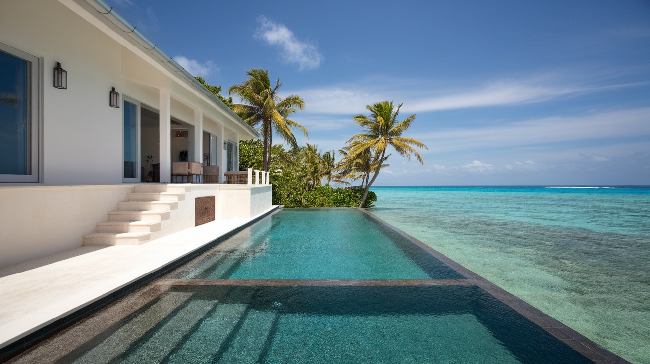 Luxurious villa with a pool overlooking the Caribbean Sea in the Bahamas.