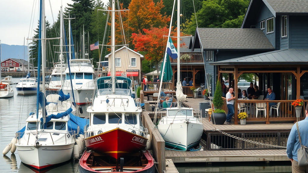 A harbor scene on Bainbridge Island, featuring boats and waterfront cafes.