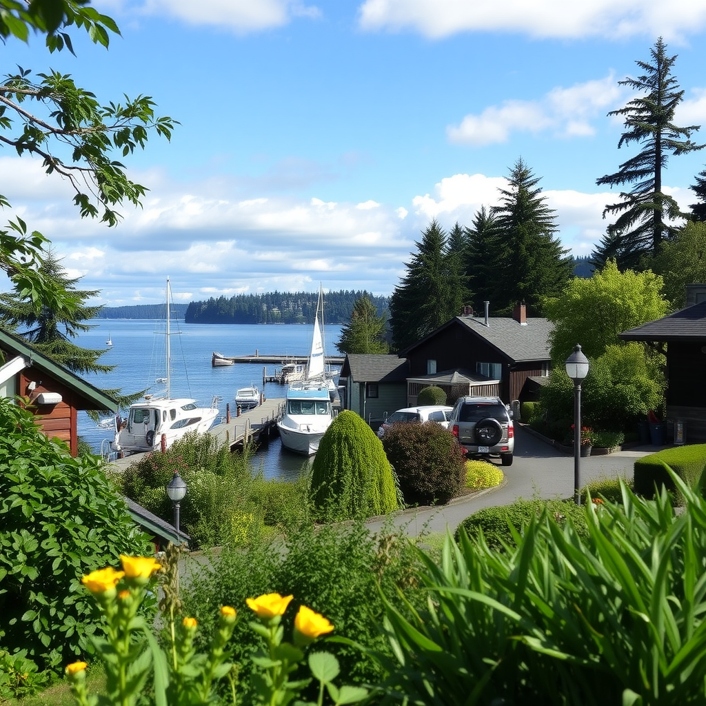 A scenic view of Bainbridge Island harbor with boats, homes, and blooming flowers.