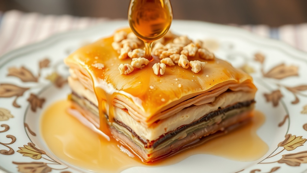 A slice of baklava topped with syrup and nuts on a decorative plate.