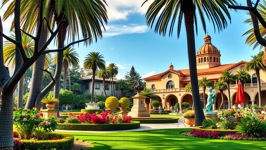 A view of Balboa Park with palm trees and colorful flowers, featuring historic architecture in the background.