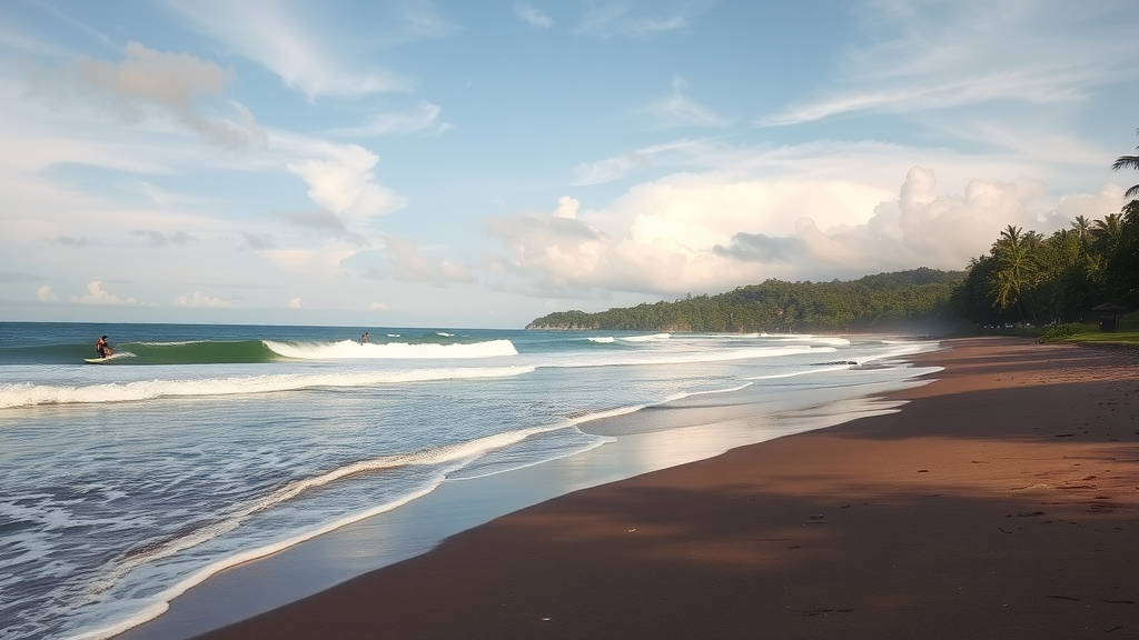 A surfer riding a wave in Bali, surrounded by lush greenery and palm trees.