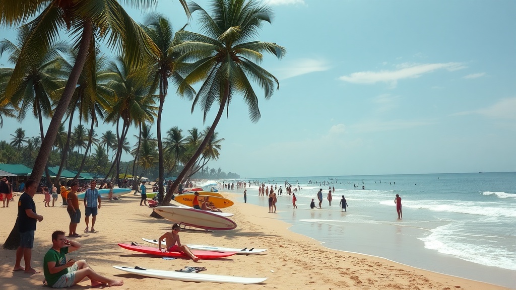 Crowded beach in Bali with surfers and palm trees.