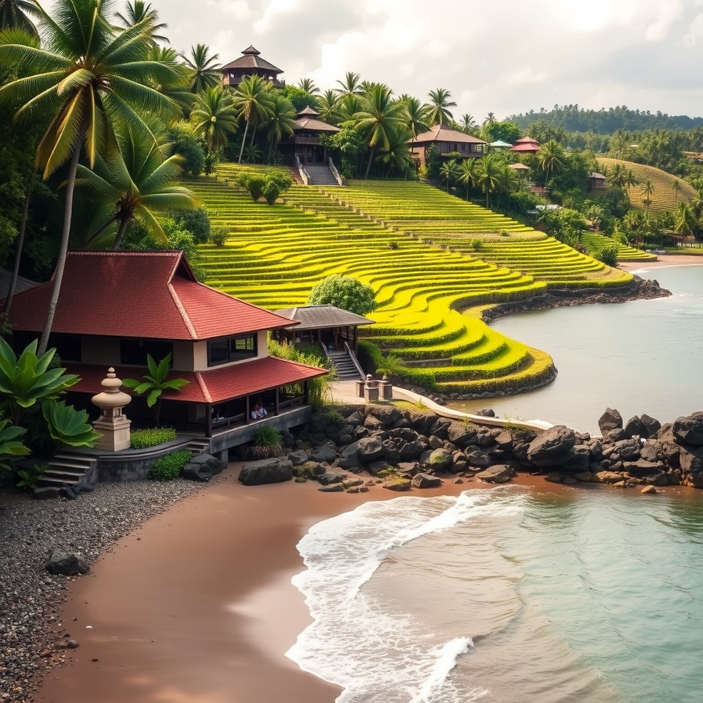 A serene beach in Bali with clear waters, soft sand, and lush green hills in the background.