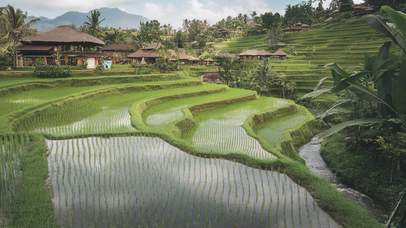 Bali rice terraces with lush greenery and traditional huts