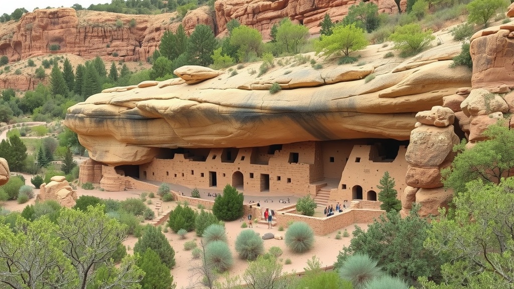 Cliff dwellings at Bandelier National Monument surrounded by greenery and rock formations.