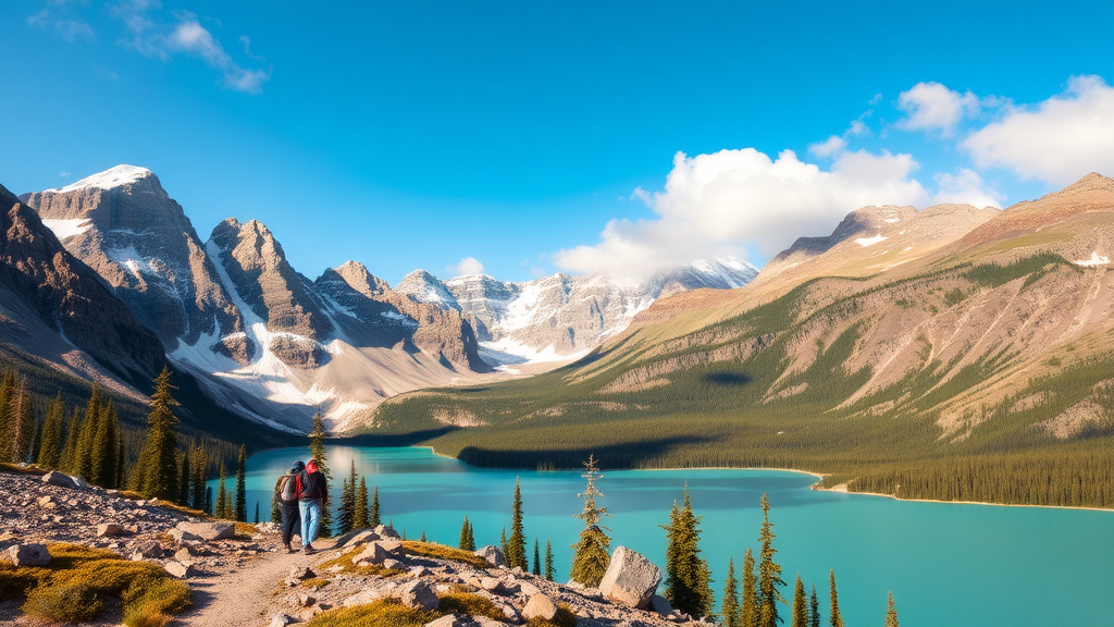 Two hikers walking along a trail in Banff National Park with mountains and a lake in the background.