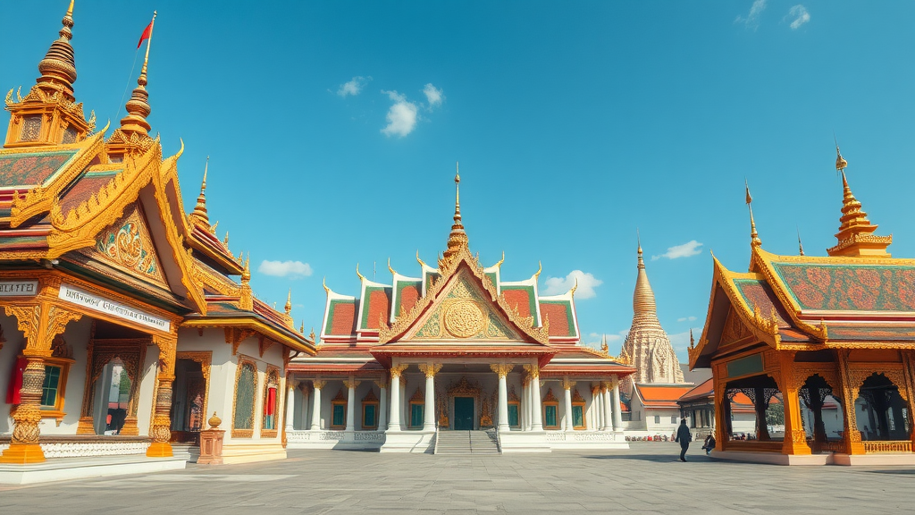 A view of ornate temples and architecture in Bangkok under a bright blue sky.