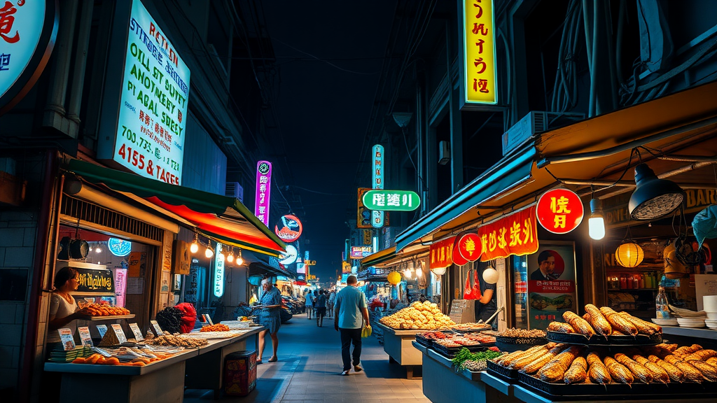 Street food stalls in Bangkok at night, showcasing a variety of local dishes.