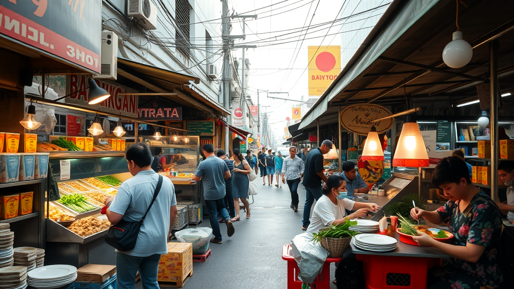 A busy street food market in Bangkok with vendors and customers.