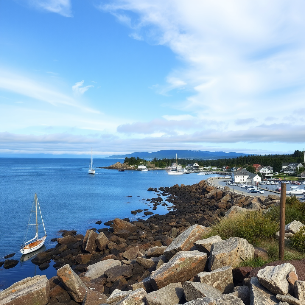 A picturesque view of Bar Harbor, Maine, featuring sailboats in calm waters, rocky shorelines, and a backdrop of greenery.